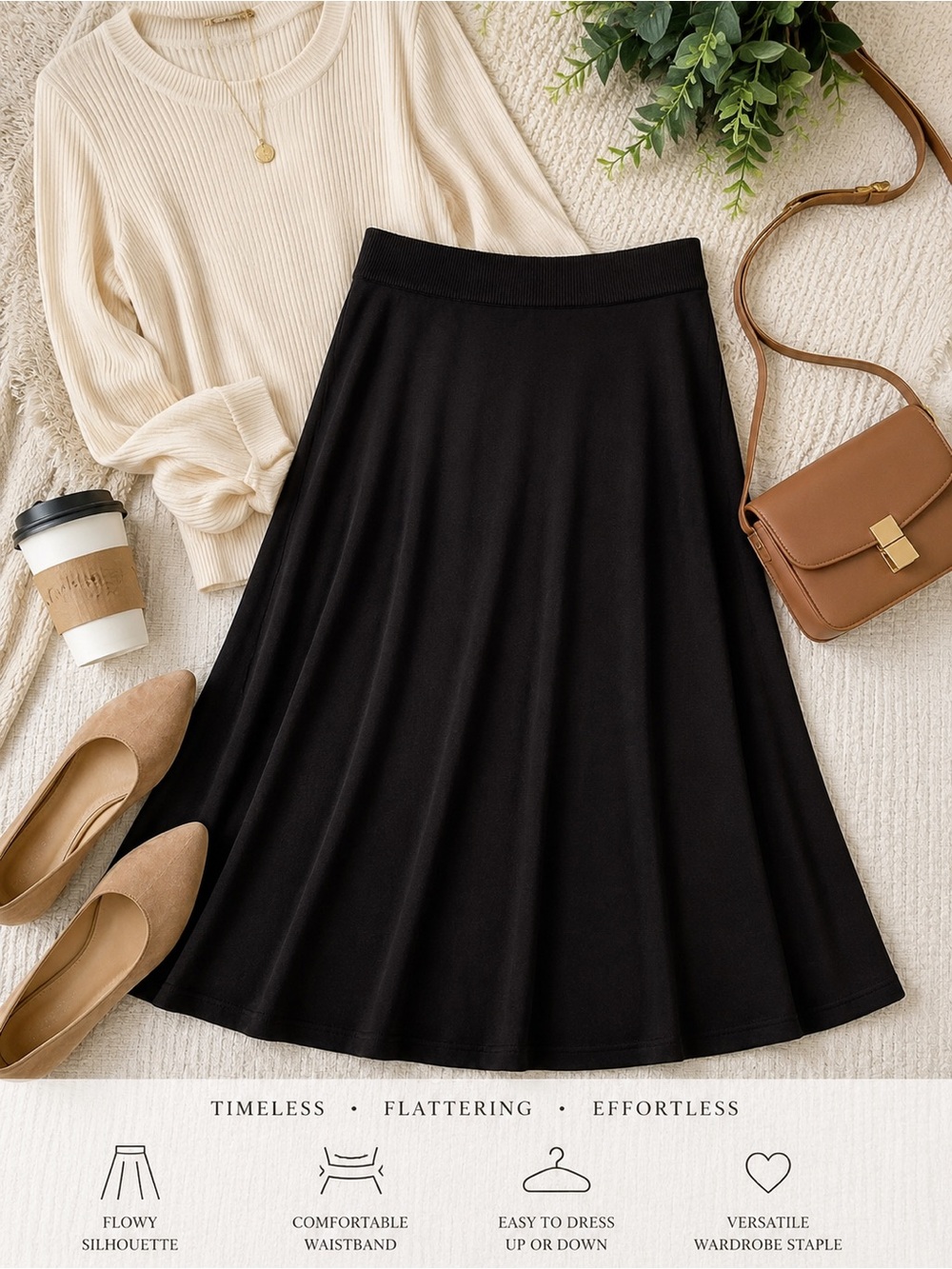 Women’s Black Midi Skirt | Flowy A-Line Pull-On  Skirt